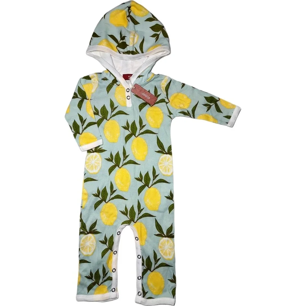 MilkBarn Lemon 3 6 Mos Organic Cotton Longall Outfit‎ Hooded Blue Green Jumpsuit